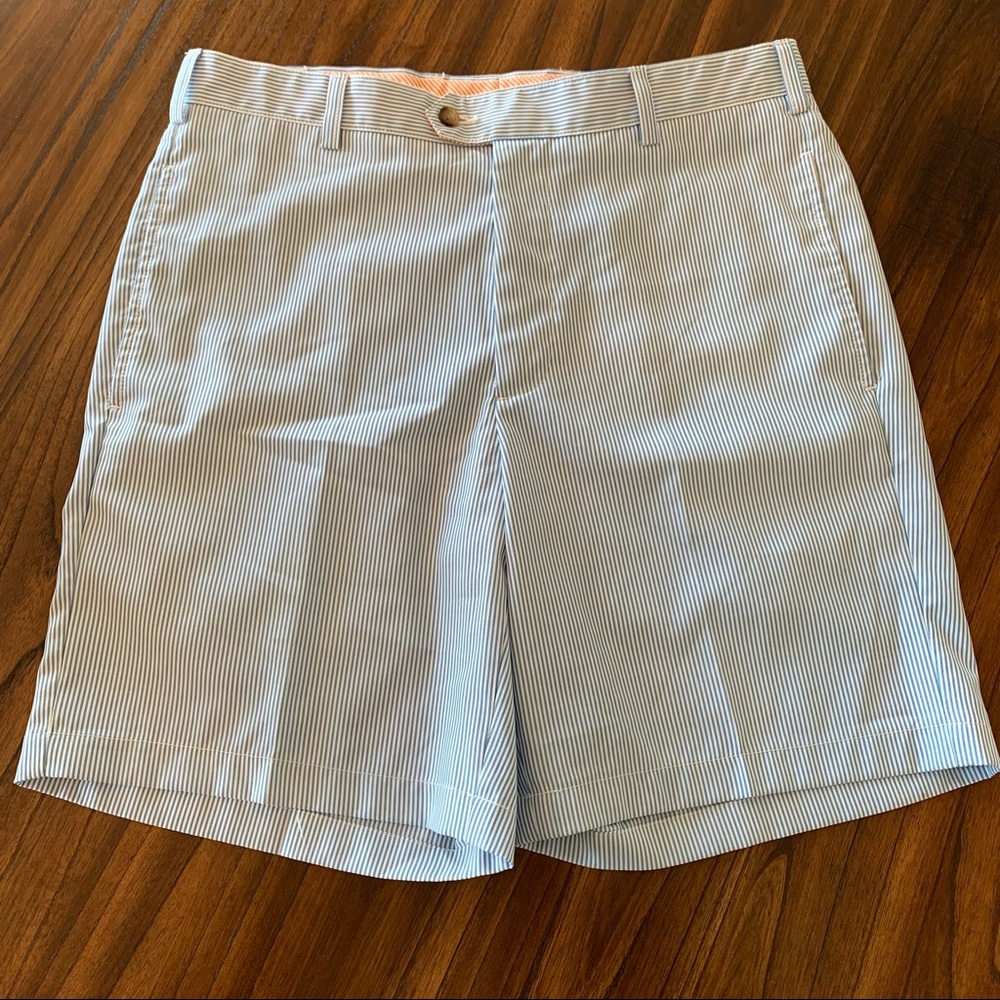 Men’s Donald Ross Blue Orange Golf Pinstripe Preppy Flat Front Shorts 34 AU